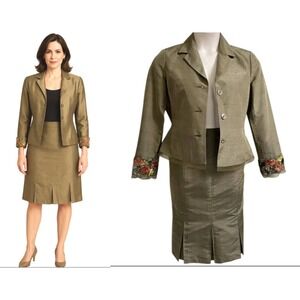Renato Nucci Skirt Suit Olive Green Silk Floral Embellished  Vintage 40 US 8/10?
